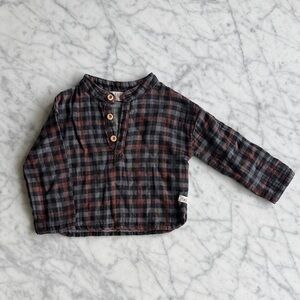 Kids Plaid Henley Top in Black and Brown